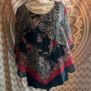 AGB XL Floral & Animal Print Sheer Poncho Tunic Top